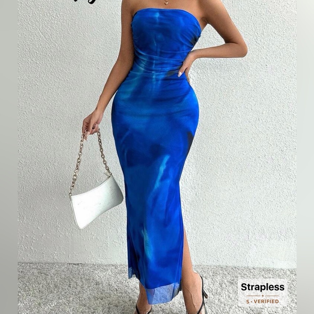 Shein Blue Strapless Tie Dye Tube Dress